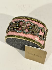 Heidi Daus Pink Faux Leather Snakeskin Chain Design Hinged Cuff Bracelet Size 8" missing small pc of