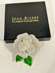Joan Rivers Gardenia Brooch White Crystal Large Signed Gold Tone New