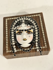 Vintage Porcelain Rhinestone Flapper Painted Face Woman Brooch, Signed