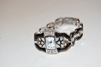 Franz Xavier FX black enamel rhinestone Watch works great!!! Needs battery