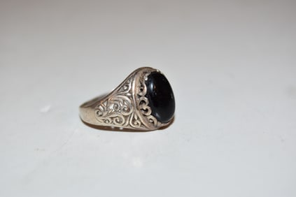 Vintage Sterling Silver onyx modernist filigree Ring sz 11