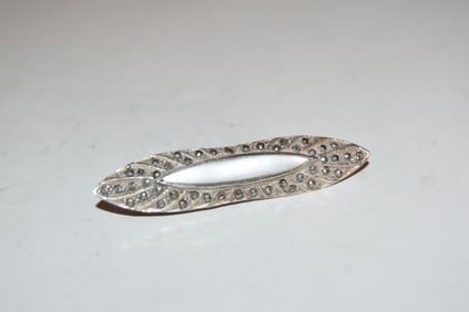 Vintage Sterling Silver mother of pearl marcasite brooch