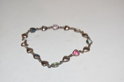 Vintage Sterling Silver heart colorful Bracelet 8"