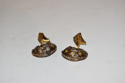 Vtg Damascene Enamel Dangle Clip On Earrings