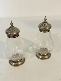 Vintage Sterling Silver salt & Pepper Shaker etched glass