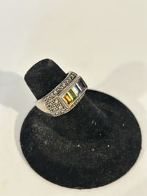 Vintage Sterling Silver mixed gemstone marcasite Ring sz 6