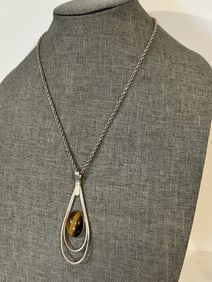 Vintage Sterling Silver tigers eye pendant hand made 3 1/2" Necklace sz 21" 31 grams