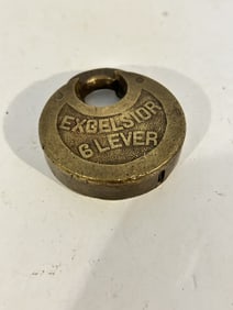 Vintage Excelsior Brass Lock Old 6 Lever High Shackle Pancake Padlock No Key