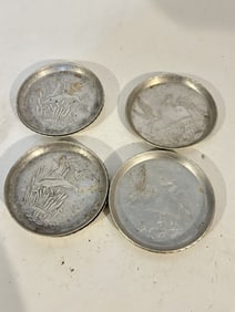 Vintage SET of 7 Aluminum Metal 3 1/4" Coasters Embossed Bird Duck Hunt