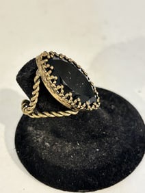 VTG W Germany Filigree Glass Stone Twist Split Shank Ring Brass Adjustable