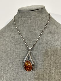 925 Sterling Silver Vintage Real Amber lg 3" Modernist Pendant Chain sz 17"