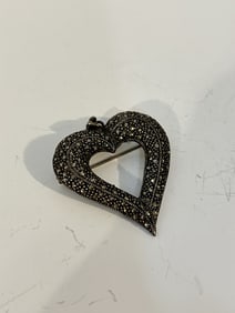 Vintage Sterling Silver marcasite heart Brooch 2"