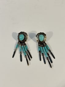 QT Signed Native American Southwestern TURQUOISE Earrings 925 Sterling Silver