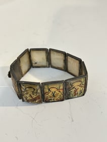 Art Deco Enamel 925 Sterling Silver Panel Bracelet sz 7"