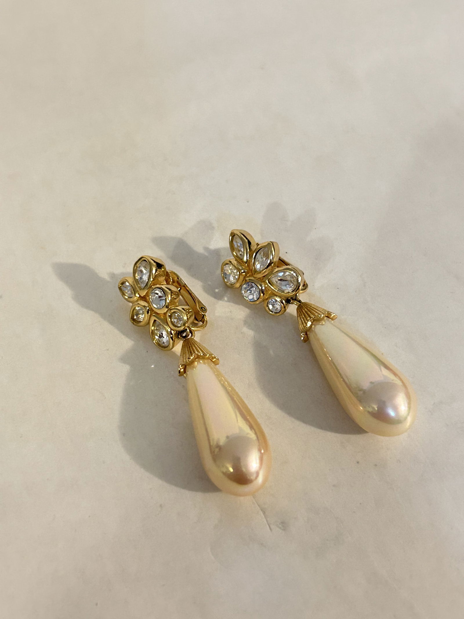 RARE Vintage Christian Dior Signed Rhinestone Pearl Drop Clip Earrings (1 of 5)