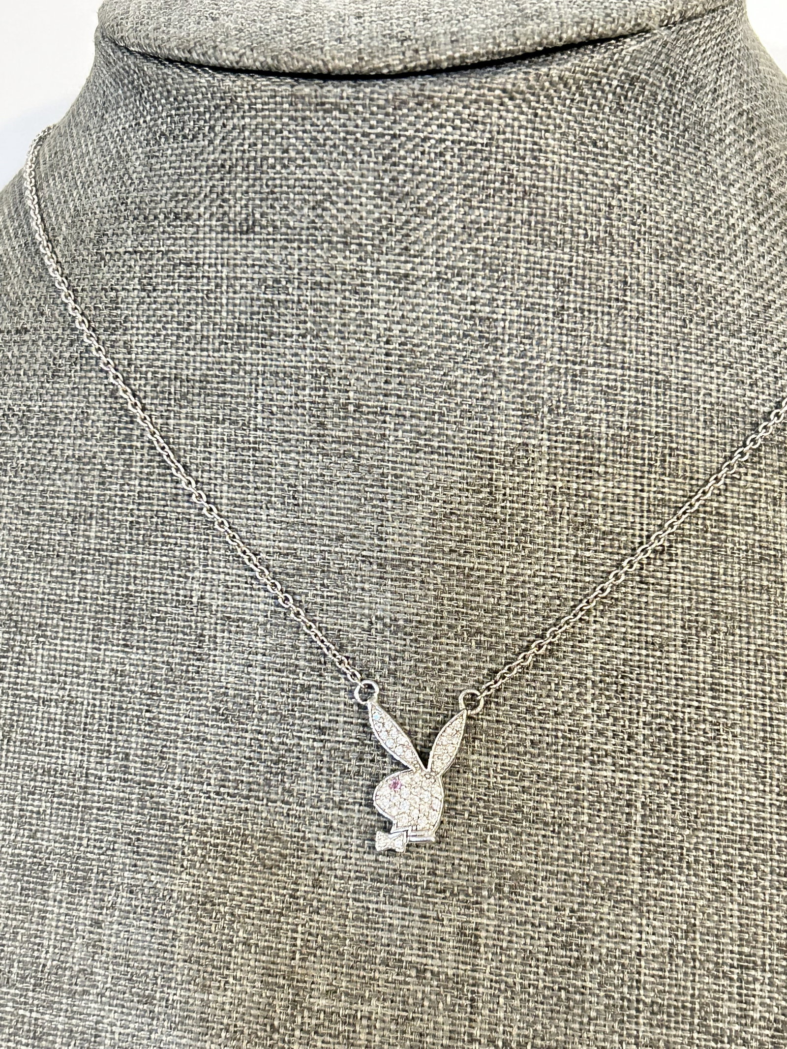 Vintage Sterling Silver playboy bunny pendant Necklace 17": Vintage Sterling Silver playboy bunny pendant Necklace 17" Please view all photos as they are part of the description and condition of this Item, Feel free to contact me with questions or picture requ