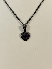 Vintage sterling silver Amethyst marcasite heart pendant necklace 18"