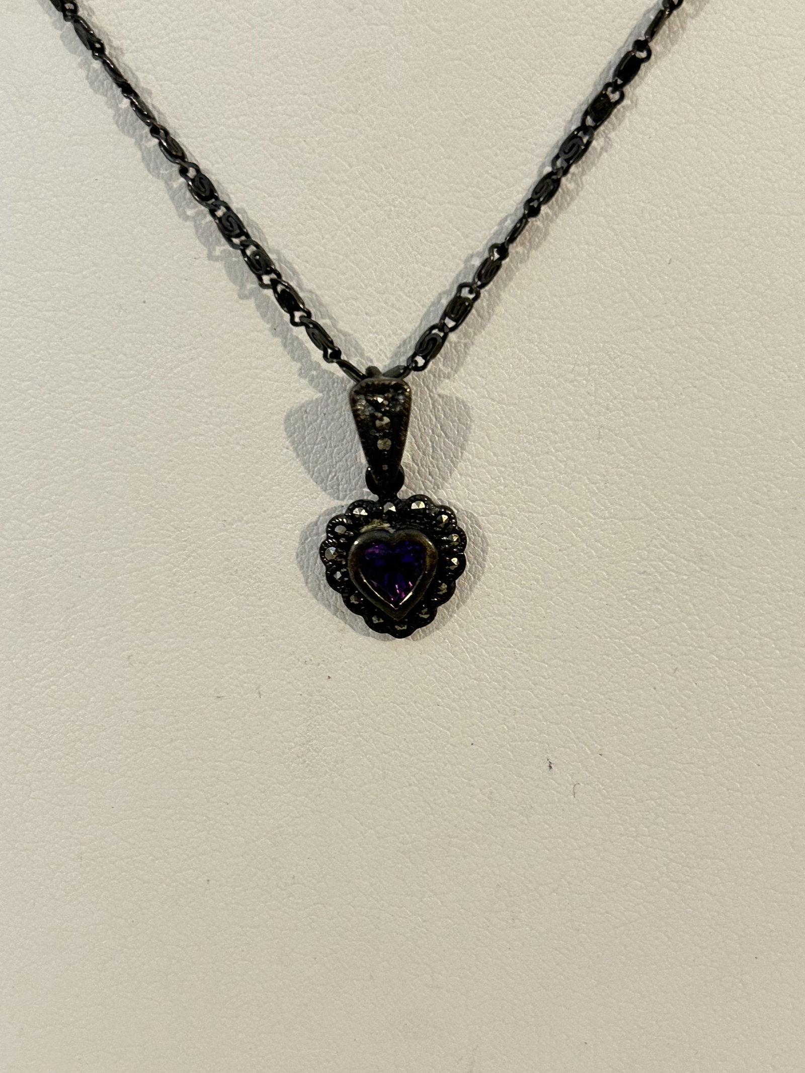 Vintage sterling silver Amethyst marcasite heart pendant necklace 18": Vintage sterling silver Amethyst marcasite heart pendant necklace 18" Please view all photos as they are part of the description and condition of this Item, Feel free to contact me with questions or p