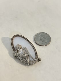 vintage sterling silver mother of pearl marcasite lady brooch 2"