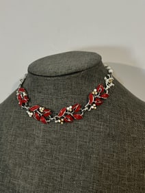 Vintage Beaded red enamel flower choker Necklace