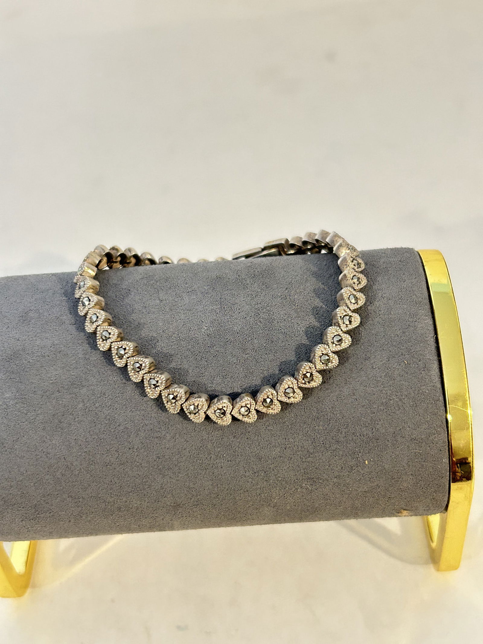 Vintage sterling silver marcasite heart link Bracelet 7" (1 of 4)