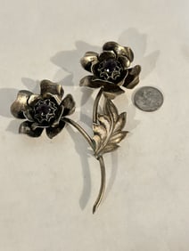 Vintage Sterling Silver large gem stone flower Brooch 4 1/4"