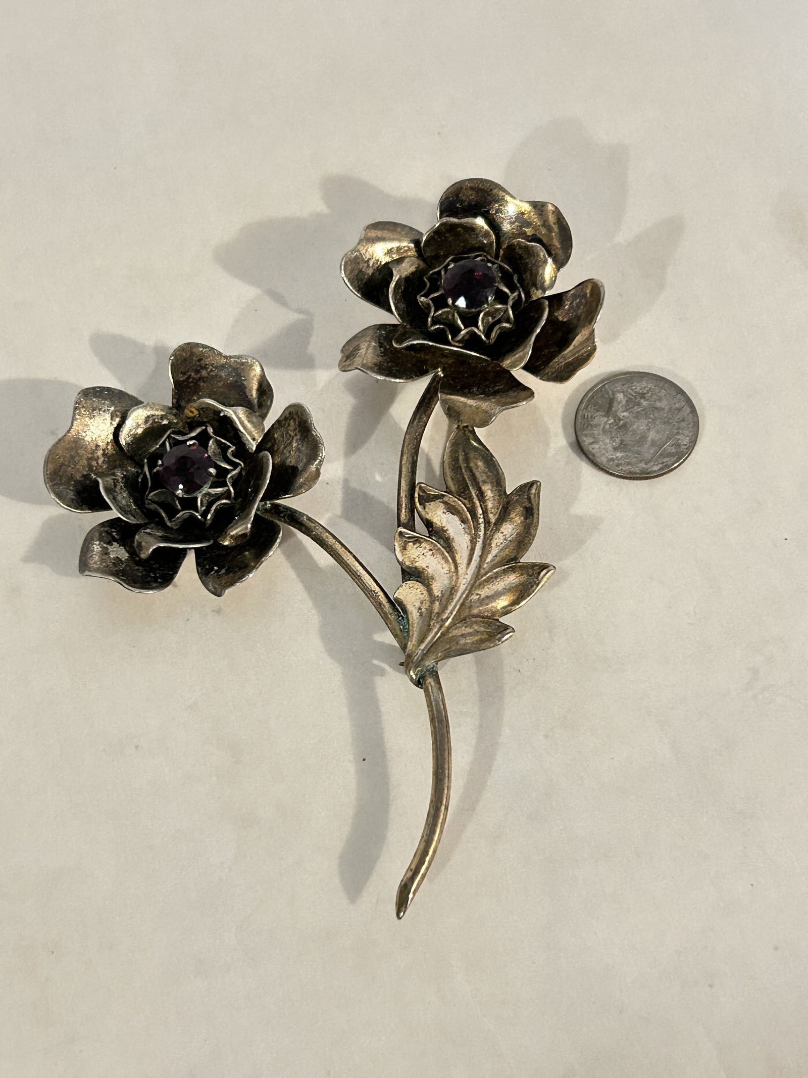 Vintage Sterling Silver large gem stone flower Brooch 4 1/4" (1 of 5)