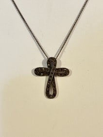 Vintage Sterling Silver marcasite cross missing most of the stones Necklace 20"