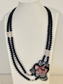 Vintage Lee Sands Necklace Mother Of Pearl Inlay Flower Rose Quartz Beads 25"