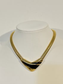Napier Vintage Gold Tone Herringbone Chain Black Enamel Necklace 12"