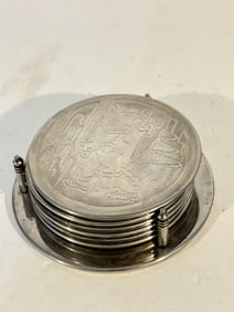 Vintage Silver Plated Embossed 6 Drinks Coasters & Holder Set