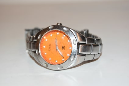 Vintage working Fossil Blue Womens Silver Tone Stainless AM3316 Orange Dial Quartz Watch light