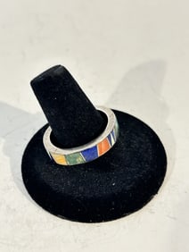 vintage sterling silver multi gemstone navajo inlaid ring sz 11.5