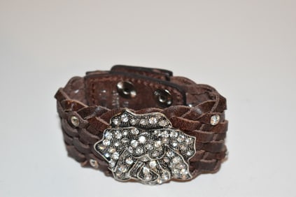 vintage leather rhinestone floral bracelet 8"