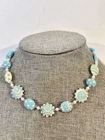 Vintage Beadazzled 925 Sterling & Murano Glass Swarovski Crystal Wedding Cake Style Necklace 18"
