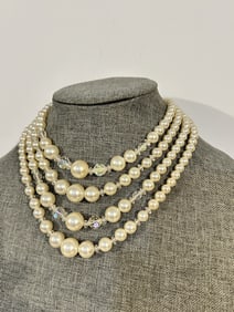 Vintage Old white Beaded 4 strand Necklace 14"