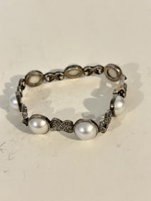 Vintage Sterling Silver marcasite pearl Charles Winston Bracelet 7"