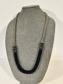 Vintage Old black Beaded goldtone Necklace 31"