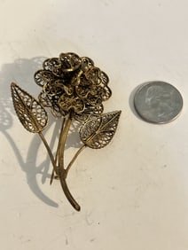 Vintage floral flower filigree Brooch marked CU 3"