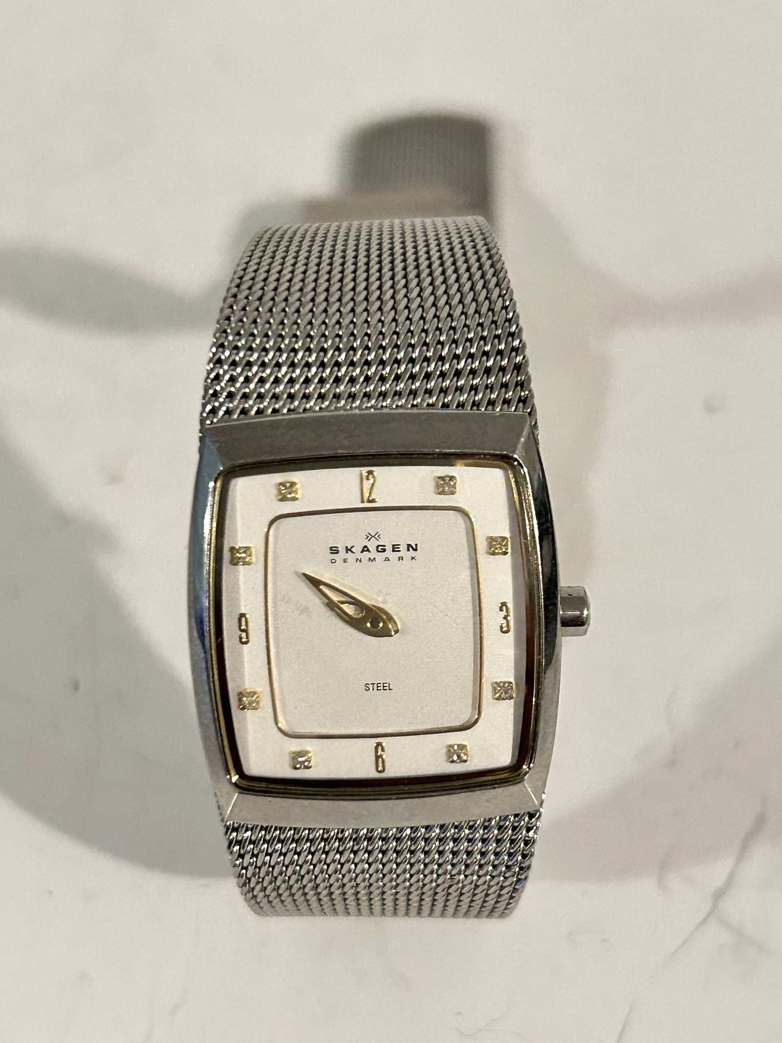 SKAGEN Watch Denmark Stainless Steel Slim Silver Mesh Band gold accented bezel works great!!!: SKAGEN Watch Denmark Stainless Steel Slim Silver Mesh Band gold accented bezel works great!!! Please view all photos as they are part of the description and condition of this Item, Feel free to contac