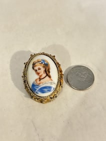 Antique Limoges France Brooch Pin Porcelain Plate Victorian Hand Painted Scene
