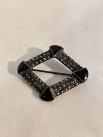 Vintage Sterling Silver marcasite onyx Brooch