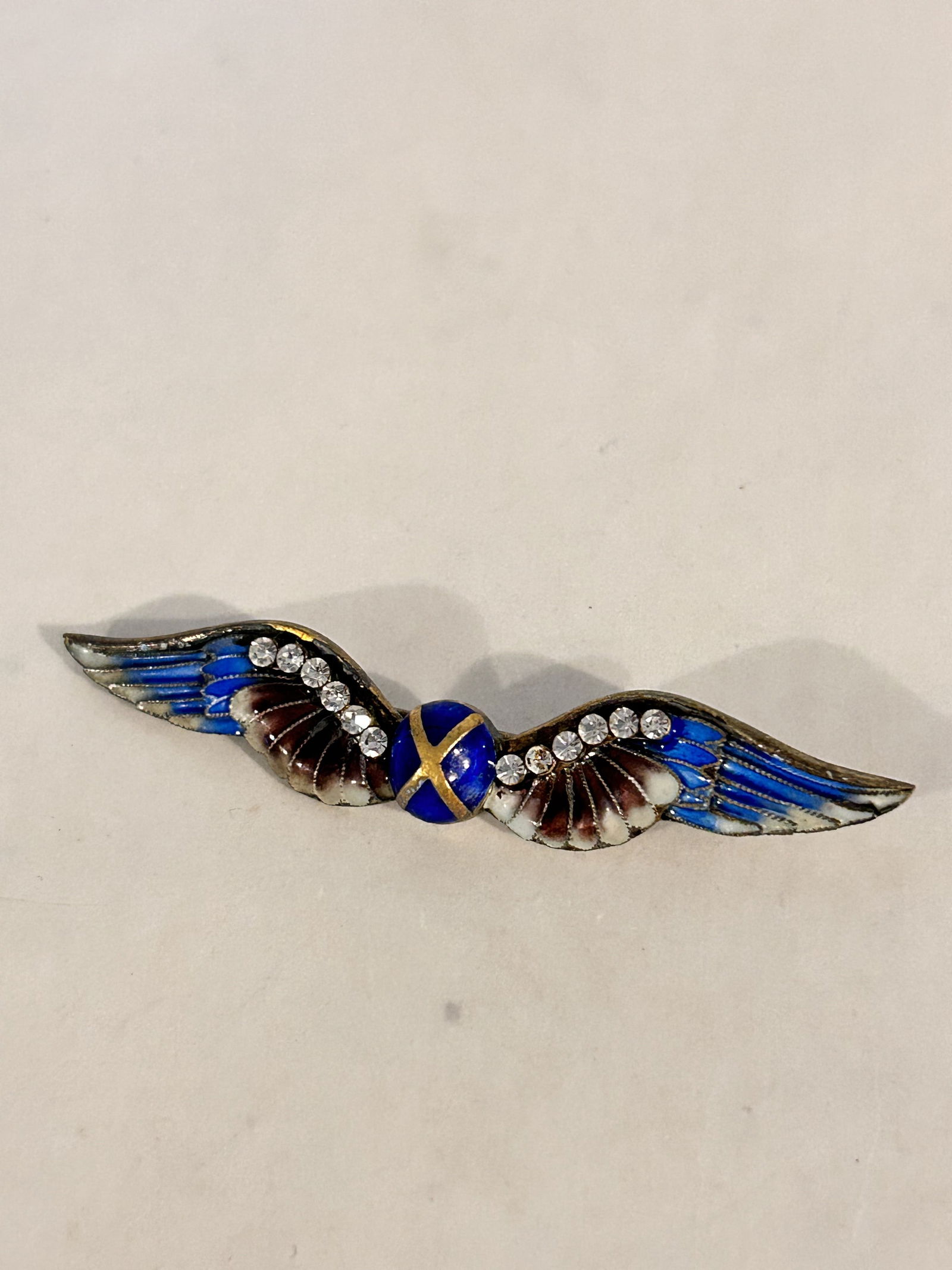 Vintage 2 ½?? Long Crystal Enamel Sterling Silver Aviation? Wings Pin Brooch: Vintage 2 ½” Long Crystal Enamel Sterling Silver Aviation? Wings Pin Brooch Please view all photos as they are part of the description and condition of this Item, Feel free to contact me