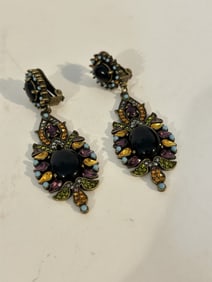 Heidi Daus Vintage Earrings Multi-Color Rhinestone Antiqued Gold Signed