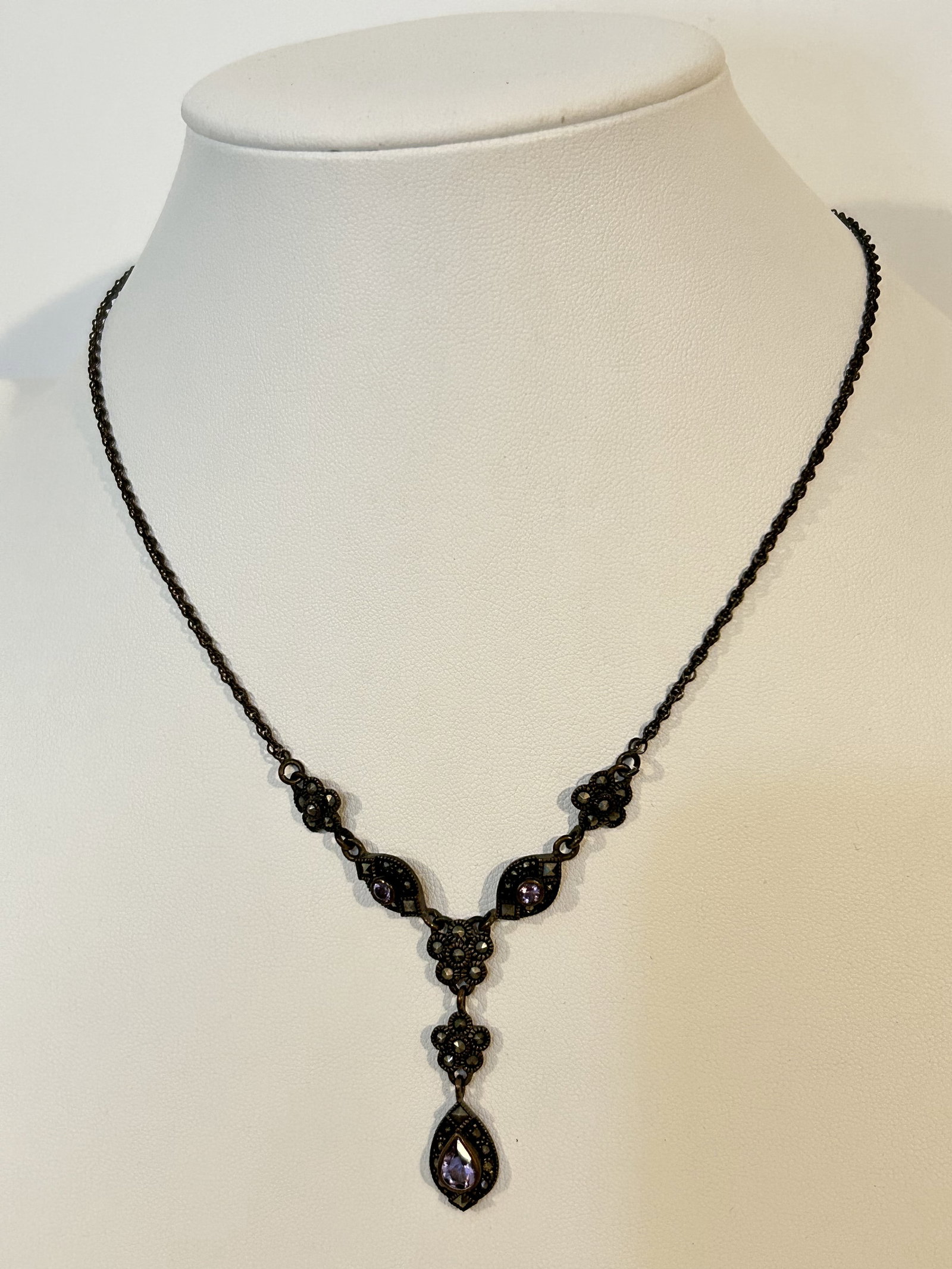Vintage Sterling Silver marcasite Amethyst Necklace 16": Vintage Sterling Silver marcasite Amethyst Necklace 16" Please view all photos as they are part of the description and condition of this Item, Feel free to contact me with questions or picture request