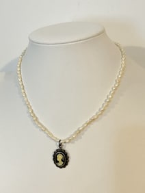 Vintage Sterling Silver pearl cameo marcasite pendant Necklace 15"