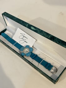 Vintage Suzanne Somers White Dial Blue Flower Leather Strap Watch NEW