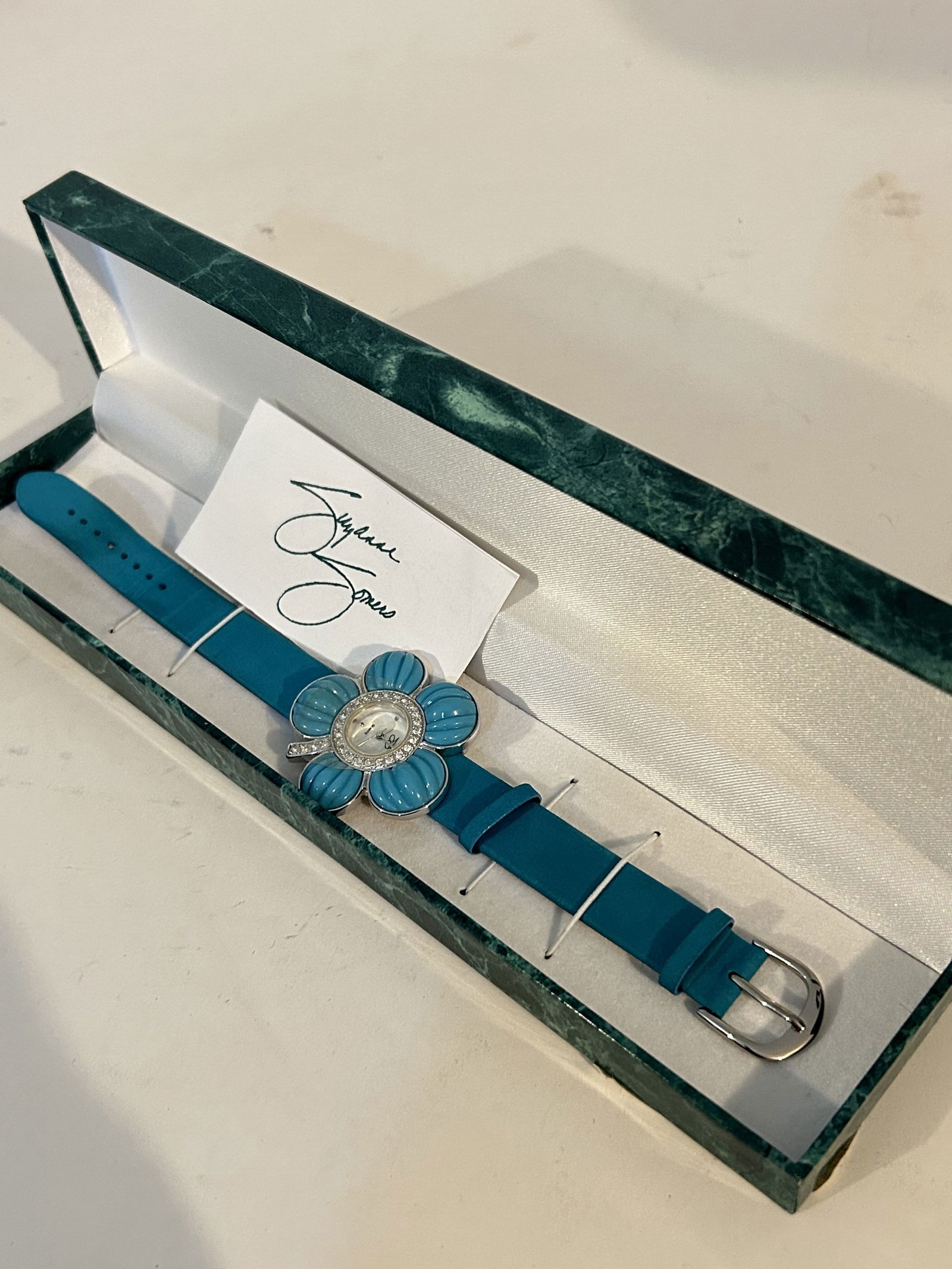 Vintage Suzanne Somers White Dial Blue Flower Leather Strap Watch NEW (1 of 4)