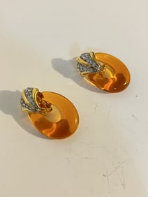 VTG Joan Rivers Simulated Amber Art Glass Bead Gold tone rhinestone pierced Earrings