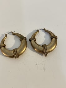 Vintage old brass hoop Earrings 1 5/8"